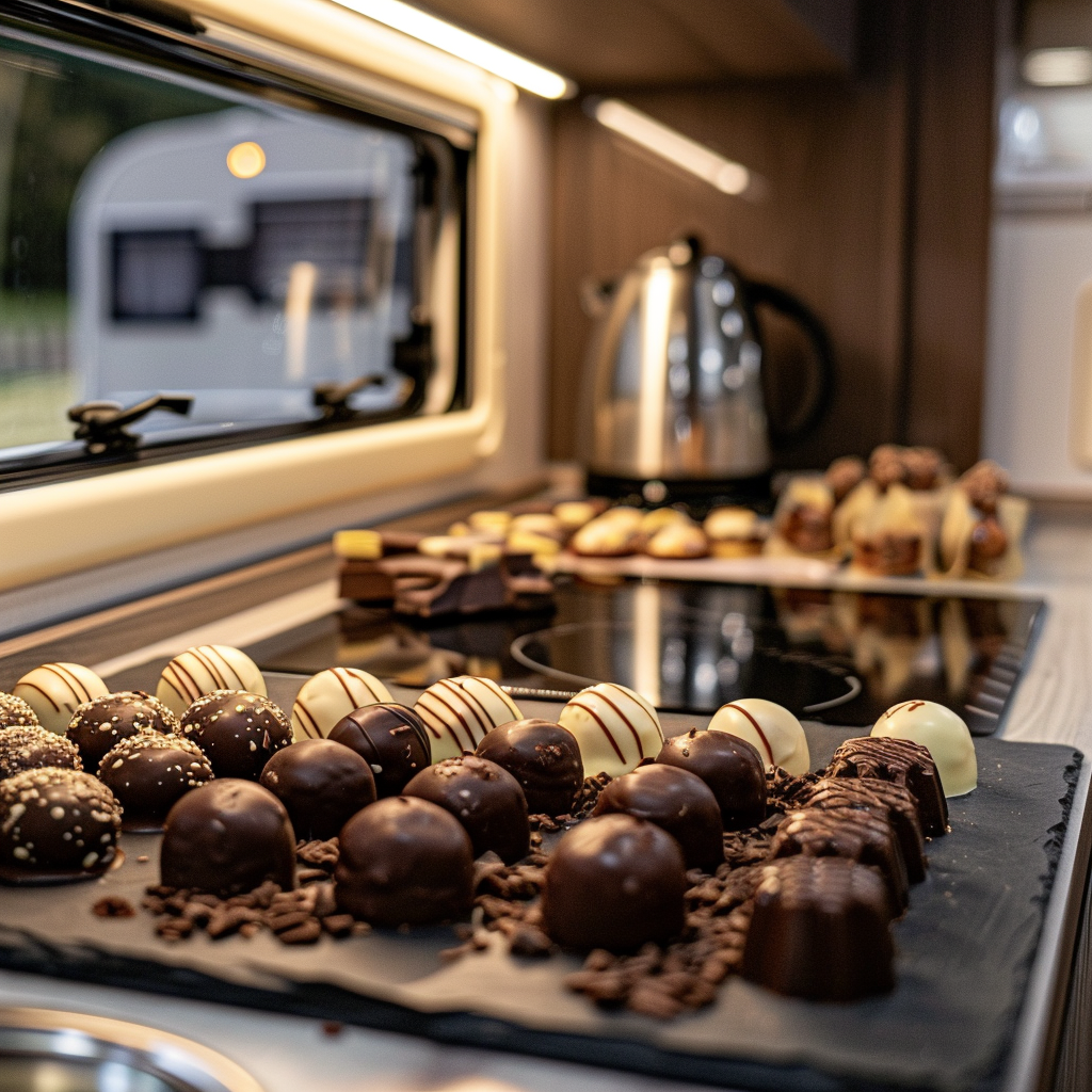 Sweet chocolate treats displayed inside a touring caravan